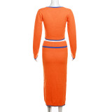 Fashion Contrast Color Long Sleeve Two Piece Skirt Set XEF-35747