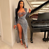 Sexy Sling Bodysuit And High Split Sequin Dress 2 Piece Set CYA-900855