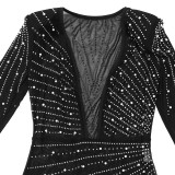 Deep V Neck High Split Hot Drill Feather Dress CYA-900757