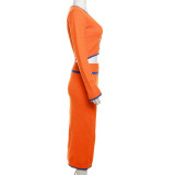 Fashion Contrast Color Long Sleeve Two Piece Skirt Set XEF-35747
