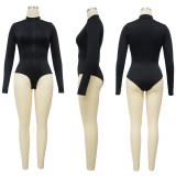 Solid Long Sleeve Zipper Bodysuits PU Skirt Two Piece Set YF-10651