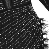 Deep V Neck High Split Hot Drill Feather Dress CYA-900757