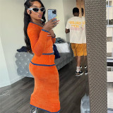 Fashion Contrast Color Long Sleeve Two Piece Skirt Set XEF-35747