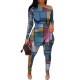 Fashion Print Long Sleeve Split Tops Pants 2 Piece Set SHD-9631