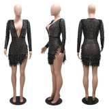 Deep V Neck High Split Hot Drill Feather Dress CYA-900757