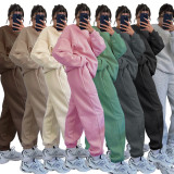 Solid Color O Neck Loose Sweatshirt Two Piece Pants Set SSNF-211346