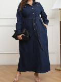 Plus Size Fashion Lapel Big Swing Denim Maxi Dress(With Waist Belt) GDAM-218319