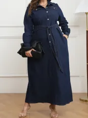 Plus Size Fashion Lapel Big Swing Denim Maxi Dress(With Waist Belt) GDAM-218319