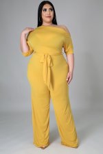 Plus Size Solid Color Slash Shoulder Tie Up Jumpsuit OSM-5282