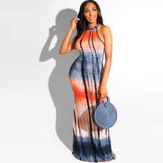 Tie Dye Print Sleevelss Halter Maxi Dress OSIF-19297