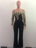 Plus Size One Shoulder Embroidery Wide Leg Jumpsuit OSM-3227