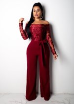 Plus Size One Shoulder Embroidery Wide Leg Jumpsuit OSM-3227