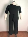Plus Size Solid Color Slash Shoulder Tie Up Jumpsuit OSM-5282