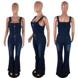 Plus Size Single Breasted Denim Wide Leg Strap Jumpsuit LX-6048