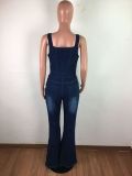 Plus Size Single Breasted Denim Wide Leg Strap Jumpsuit LX-6048