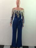 Plus Size One Shoulder Embroidery Wide Leg Jumpsuit OSM-3227