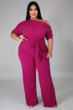 Plus Size Solid Color Slash Shoulder Tie Up Jumpsuit OSM-5282