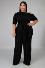 Plus Size Solid Color Slash Shoulder Tie Up Jumpsuit OSM-5282