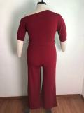 Plus Size Solid Color Slash Shoulder Tie Up Jumpsuit OSM-5282