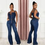 Plus Size Single Breasted Denim Wide Leg Strap Jumpsuit LX-6048