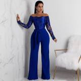 Plus Size One Shoulder Embroidery Wide Leg Jumpsuit OSM-3227