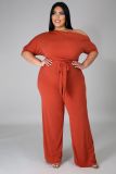 Plus Size Solid Color Slash Shoulder Tie Up Jumpsuit OSM-5282