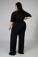 Plus Size Solid Color Slash Shoulder Tie Up Jumpsuit OSM-5282