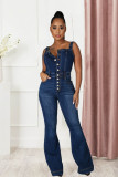 Plus Size Single Breasted Denim Wide Leg Strap Jumpsuit LX-6048
