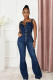 Plus Size Single Breasted Denim Wide Leg Strap Jumpsuit LX-6048