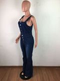 Plus Size Single Breasted Denim Wide Leg Strap Jumpsuit LX-6048