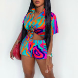 Colorful Print Short Sleeve Shirt Two Piece Shorts Set GYZY-8826