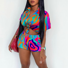 Colorful Print Short Sleeve Shirt Two Piece Shorts Set GYZY-8826