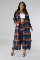 Fashion Plaid Print Long Coat And Pants Loose 2 Piece Set ZDF-31308