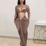 Sexy Wrap Chest And Pleated Long Skirt 2 Piece Set NY-10642