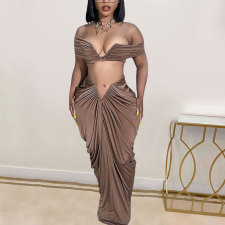 Sexy Wrap Chest And Pleated Long Skirt 2 Piece Set NY-10642