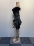 Hot Drill Feather Patchwork One Shoulder Mini Dress NY-2887
