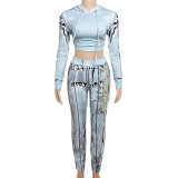Casual Print Hooded Tops And Pants Sport Two Piece Set XEF-36913