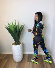 Colorful Print Long Sleeve Zipper Hooded Two Piece Pants Set YIM-035