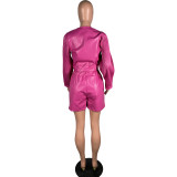 Press Pleat Long Sleeve PU Leather Two Piece Short Set MK-3190