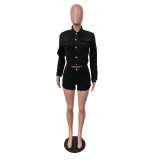 Fashion Long Sleeve Hot Drill Two Piece Short Set MEM-88533