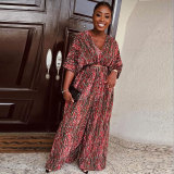 Plus Size Print V Neck Pants 2 Piece Set NY-10648