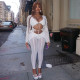 Long Sleeve Tie Up Crop Tops And Pants Lace Two Piece Set XEF-36598