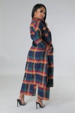 Fashion Plaid Print Long Coat And Pants Loose 2 Piece Set ZDF-31308