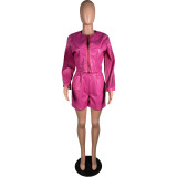 Press Pleat Long Sleeve PU Leather Two Piece Short Set MK-3190