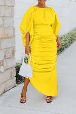 Solid Color Lantern Sleeve Irregular Ruched Dress BGN-304