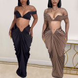 Sexy Wrap Chest And Pleated Long Skirt 2 Piece Set NY-10642