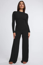 Solid Color Long Sleeve Wide Leg Pants 2 Piece Set MZ-2825