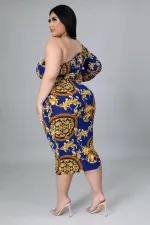 Plus Size Single Shoulder Long Sleeve Midi Dress OM-1721