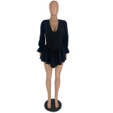 Pleated V-neck Ruffle Sleeve Mini Dress YH-5308