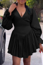 Pleated V-neck Ruffle Sleeve Mini Dress YH-5308